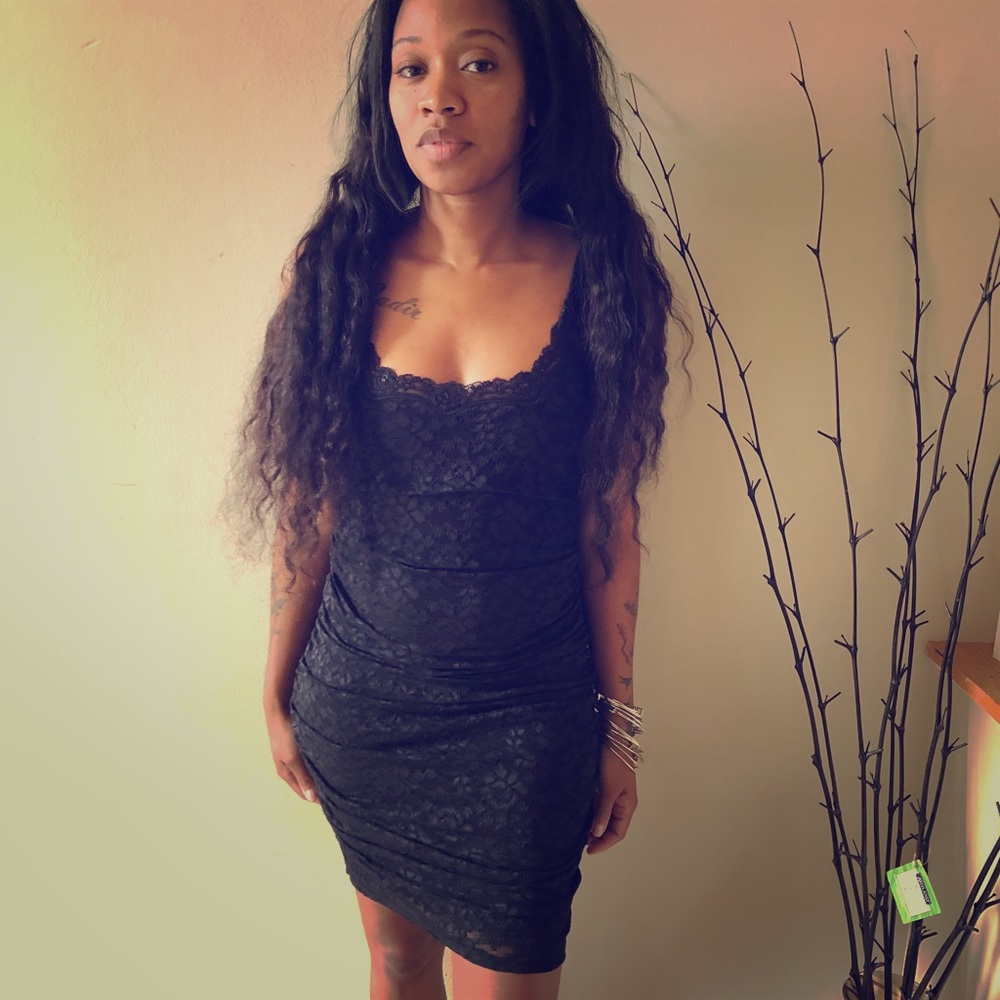 Lace Gathered Black Dress